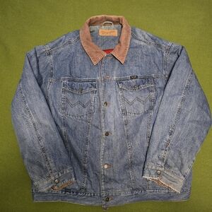 Wrangler Blue Flannel Lined Denim Jacket with Tan Collar